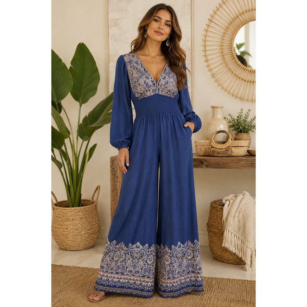 Boho Paisley Wide Leg Jumpsuit Smocked Waist Bell Bottom Festival One Piece